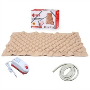 Full set of the UCheck UC-100 anti-decubitus bubble mattress overlay, adjustable pump, air hose, and retail packaging box