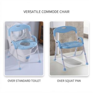 Versatile folding commode chair displayed over standard toilet and over squat pan