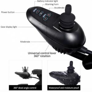 Waterproof and moisture-proof 360-degree universal control joystick with power button, gear display, and horn for motorized wheelchair