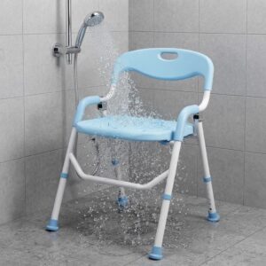 Waterproof folding portable toilet commode chair in use under shower in bathroom