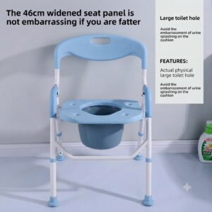 Wide seat panel and large toilet hole design on portable commode chair for elderly patients
