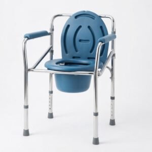Front view of a 3-in-1 folding commode chair with a blue seat and sturdy steel frame for patient home care.