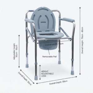 Dimensional diagram showing adjustable height and overall width of a portable medical commode chair.