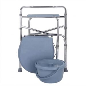 Folded portable commode chair with removable bucket for easy storage and travel convenience.