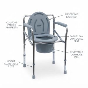 Detailed view highlighting ergonomic backrest, padded armrests, and removable commode pail features.