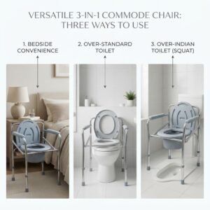 Three ways to use the versatile commode chair: bedside convenience, over standard toilet, and over squat toilet.