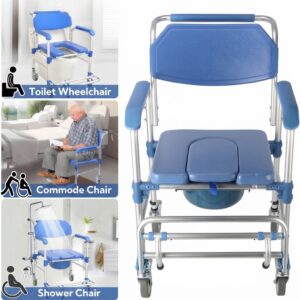 A composite image showing the commode chair in three different use cases: as a toilet wheelchair over a standard toilet, as a commode chair for an elderly man, and as a shower chair.