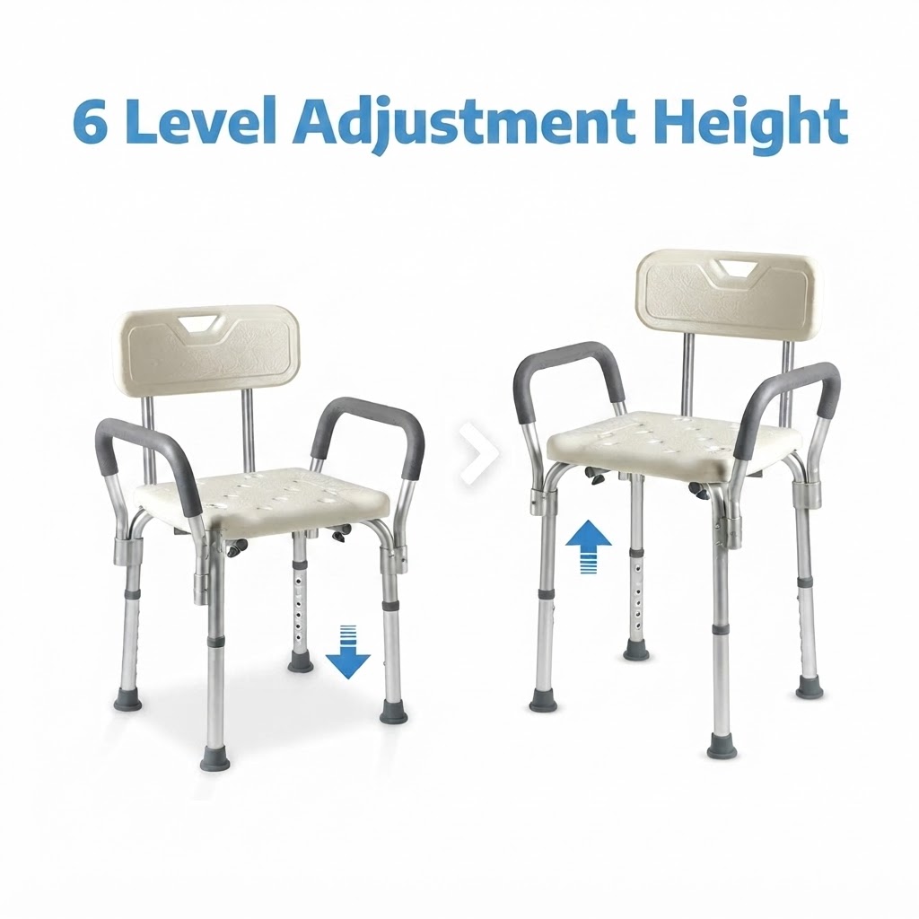 6-level height adjustable shower chair demonstrating elevation range for elderly and patient care