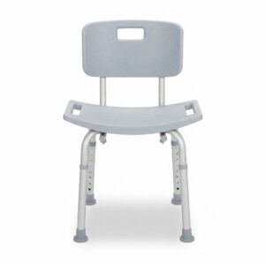 Front-facing view of a grey adjustable shower chair with a secure backrest and drainage holes on a white background.