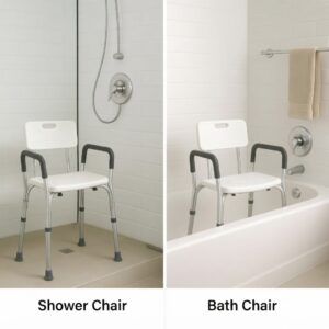 Adjustable shower chair placed inside a walk-in shower stall and over a standard bathtub