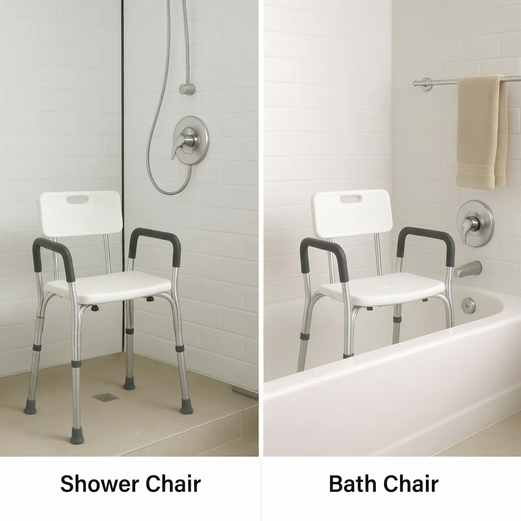 Adjustable shower chair placed inside a walk-in shower stall and over a standard bathtub