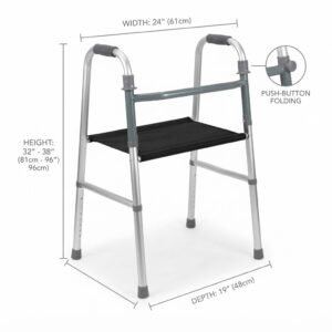 Technical diagram showing the dimensions of the adult walker, including a height of 32 to 38 inches, width of 24 inches, and depth of 19 inches.