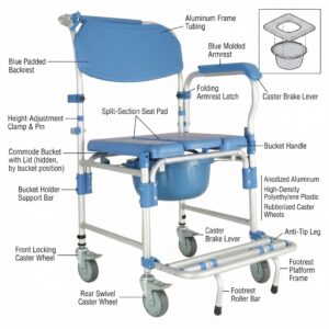 A labeled diagram of the bedside commode chair, pointing out features like aluminum frame, padded seat, commode bucket, caster brakes, and anti-tip legs.