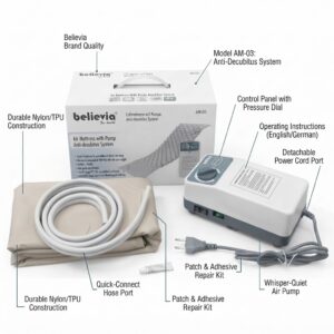 Detailed layout of Believia AM-03 anti-decubitus air mattress components, box, and whisper-quiet pump features