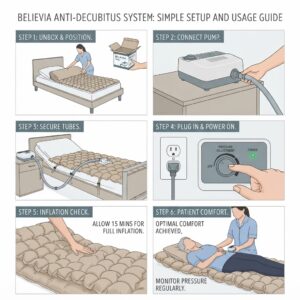 Simple 6-step setup and usage guide instructions for the Believia anti-decubitus air mattress system