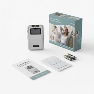 Unboxing view of the Comfy Stim Digital Combination Unit, showing the TENS/EMS device, retail box, electrode pads, and batteries on a white background.