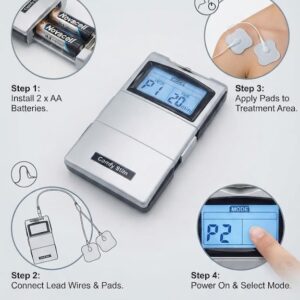 Step-by-step instruction guide showing how to install batteries, connect lead wires, apply pads, and select modes on the Comfy Stim device.