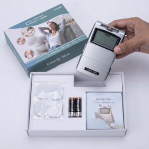 Unboxing view of the Comfy Stim TENS/EMS unit, retail box, reusable electrode pads, batteries, and user manual.