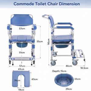 A measurement diagram of the commode toilet chair, displaying precise dimensions (in cm) from front, side, top (seat), and bottom (bucket) views.