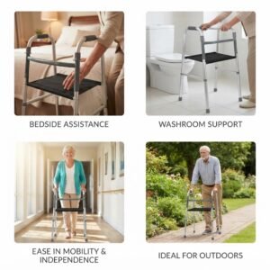 Four-panel lifestyle collage demonstrating the adult walker used for bedside assistance, washroom support, indoor mobility, and outdoor walking.