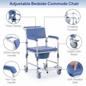 A main image of the adjustable bedside commode chair surrounded by six detailed callout circles highlighting specific features like non-slip handles and soft padded seats.