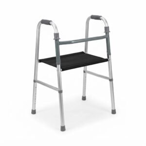 : Studio shot of a lightweight folding adult walker in silver with a black supportive fabric seat and handgrips.