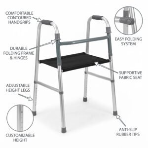 Labeled product view highlighting key features of the adult walker including contoured handgrips, adjustable height legs, folding frame, and anti-slip rubber tips.