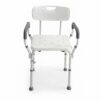 Front view of a white home care medical shower chair with padded armrests and back support