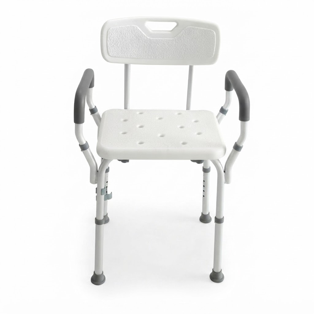 Front view of a white home care medical shower chair with padded armrests and back support