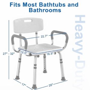 Heavy duty adjustable shower chair with backrest showing height and width dimensions for bathtubs