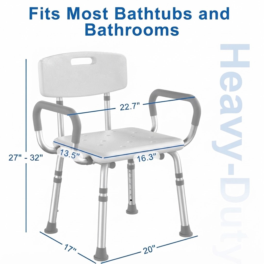 Heavy duty adjustable shower chair with backrest showing height and width dimensions for bathtubs