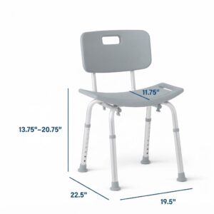 Technical dimension specs showing seat height range, width, and depth measurements for the heavy-duty shower chair.