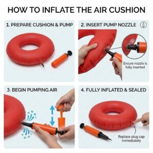 A four-step infographic titled "HOW TO INFLATE THE AIR CUSHION" demonstrating how to use a hand pump on a red inflatable ring cushion.