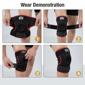 Step-by-step wear demonstration guide for putting on the knee support open patella belt.