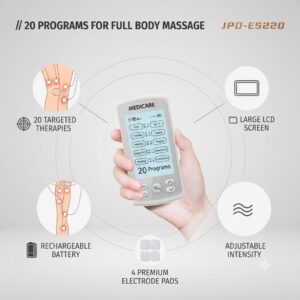 JPD-ES220 TENS device display illustration showing targeted knee and leg therapies, large LCD screen, and rechargeable battery.