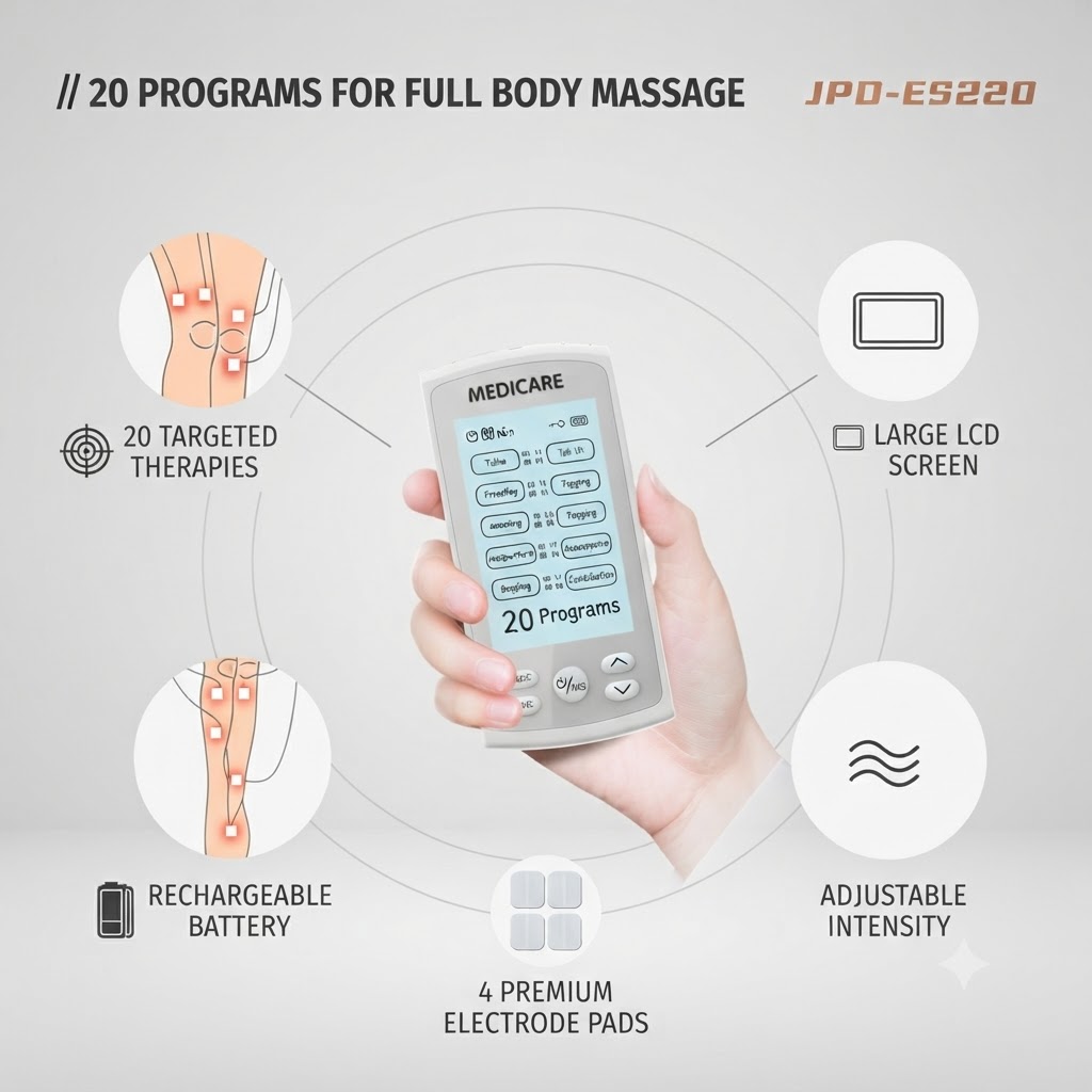 JPD-ES220 TENS device display illustration showing targeted knee and leg therapies, large LCD screen, and rechargeable battery.