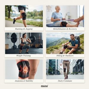 Man and woman using knee support for pain relief during running, rehabilitation, weight training, and hiking.