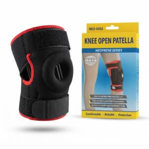 Mana knee open patella brace and packaging box for knee support and pain relief.