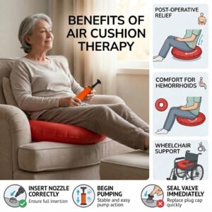 A woman sits in an armchair using a red inflatable cushion, with text "BENEFITS OF AIR CUSHION THERAPY" and three inset illustrations showing post-operative relief, comfort for hemorrhoids, and wheelchair support.