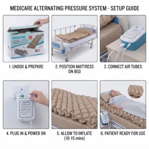 Six-step visual setup guide for the MEDICARE Anti-Decubitus Mattress System, from unboxing to patient use.
