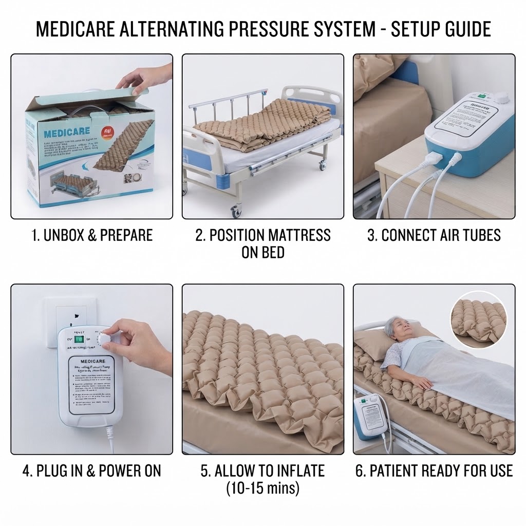 Six-step visual setup guide for the MEDICARE Anti-Decubitus Mattress System, from unboxing to patient use.