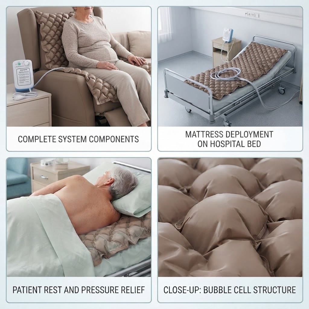 Four-panel collage showing the MEDICARE alternating pressure mattress in use on a recliner, hospital bed, close-up of patient, and mattress bubble texture.