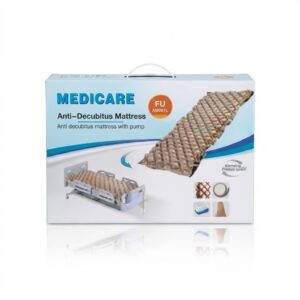 Box packaging for the MEDICARE Alternating Pressure Air Mattress Pump System, model FU AM001L.