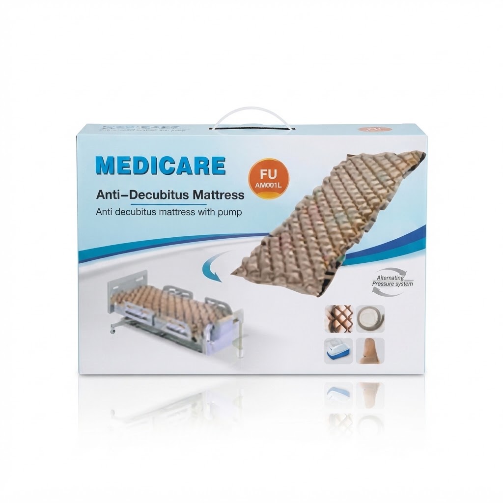 Box packaging for the MEDICARE Alternating Pressure Air Mattress Pump System, model FU AM001L.