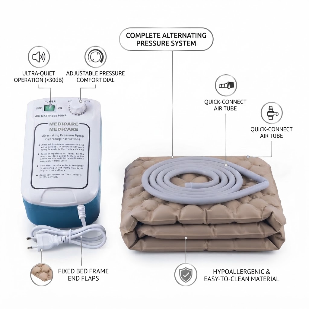 MEDICARE alternating pressure mattress and pump with SEO callout labels pointing to features: Ultra-Quiet Operation, Adjustable Dial, Quick-Connect Tube, Fixed Flaps, Hypoallergenic Material.