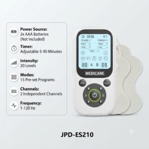 Technical specifications of the Medicare JPD-ES210 TENS unit including battery source, 20 intensity levels, timer, and 15 pre-set programs.
