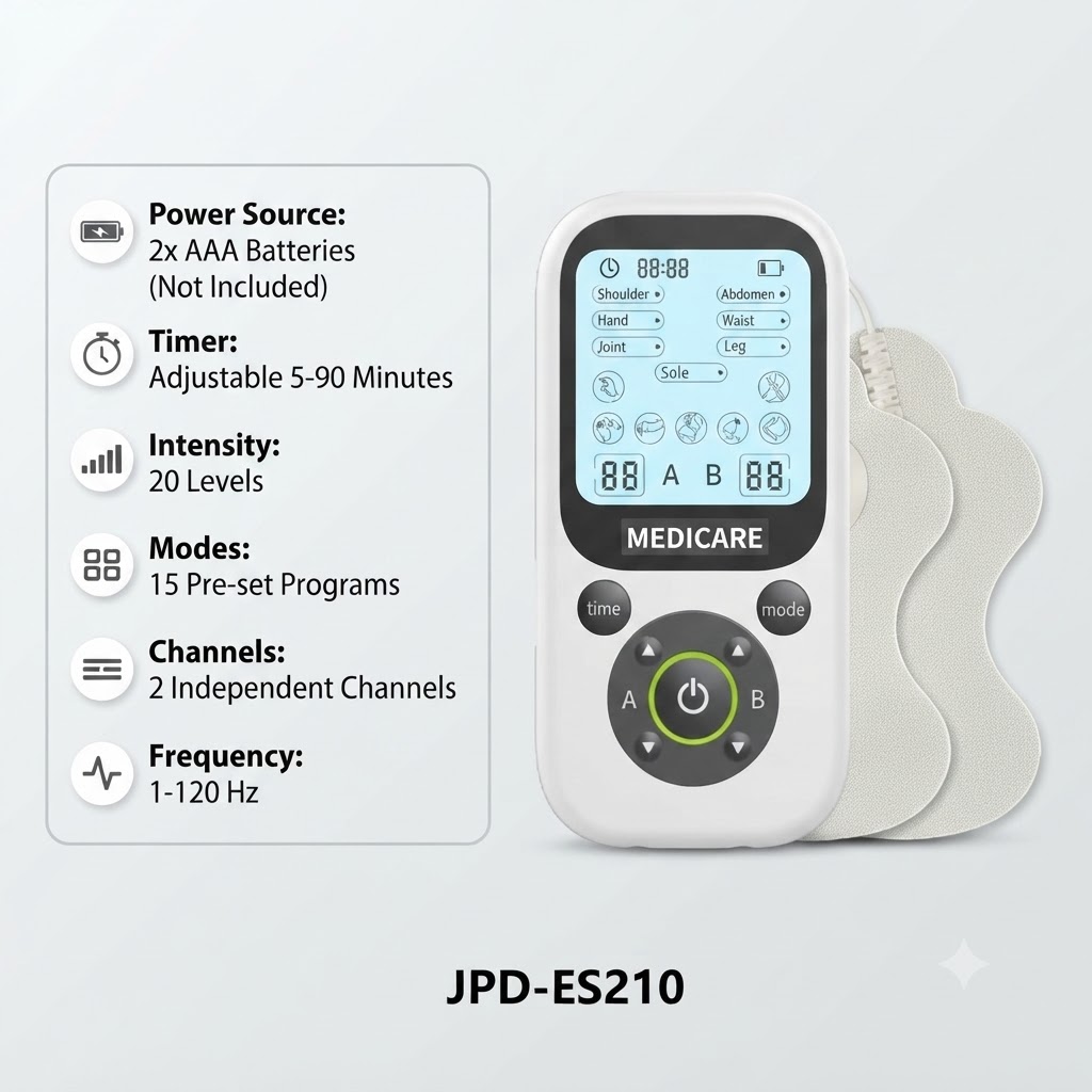 Technical specifications of the Medicare JPD-ES210 TENS unit including battery source, 20 intensity levels, timer, and 15 pre-set programs.