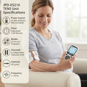 Woman using the Medicare JPD-ES210 TENS machine on her arm with electrode pads applied for muscle stimulation and pain therapy.