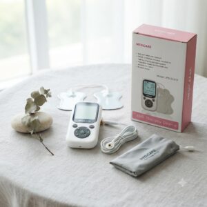 Medicare JPD-ES210 TENS therapy device unit displayed on a table alongside its retail box, electrode pads, and storage pouch.