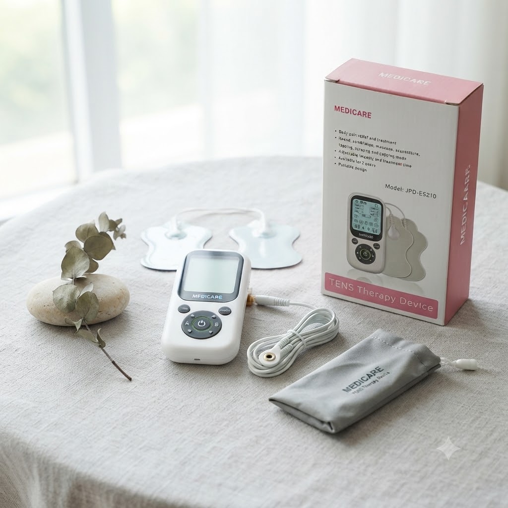 Medicare JPD-ES210 TENS therapy device unit displayed on a table alongside its retail box, electrode pads, and storage pouch.